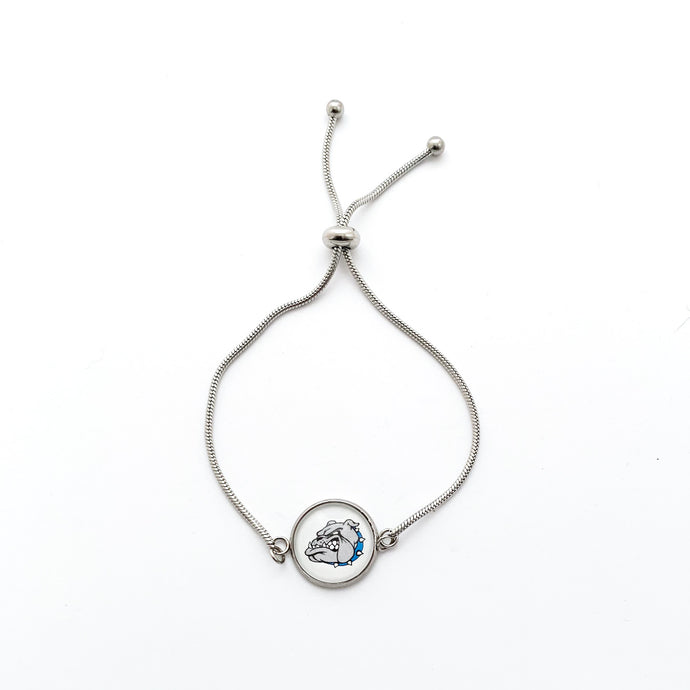 stainless steel adjustable slide bracelet with a circular Belgreen Bulldog logo charm