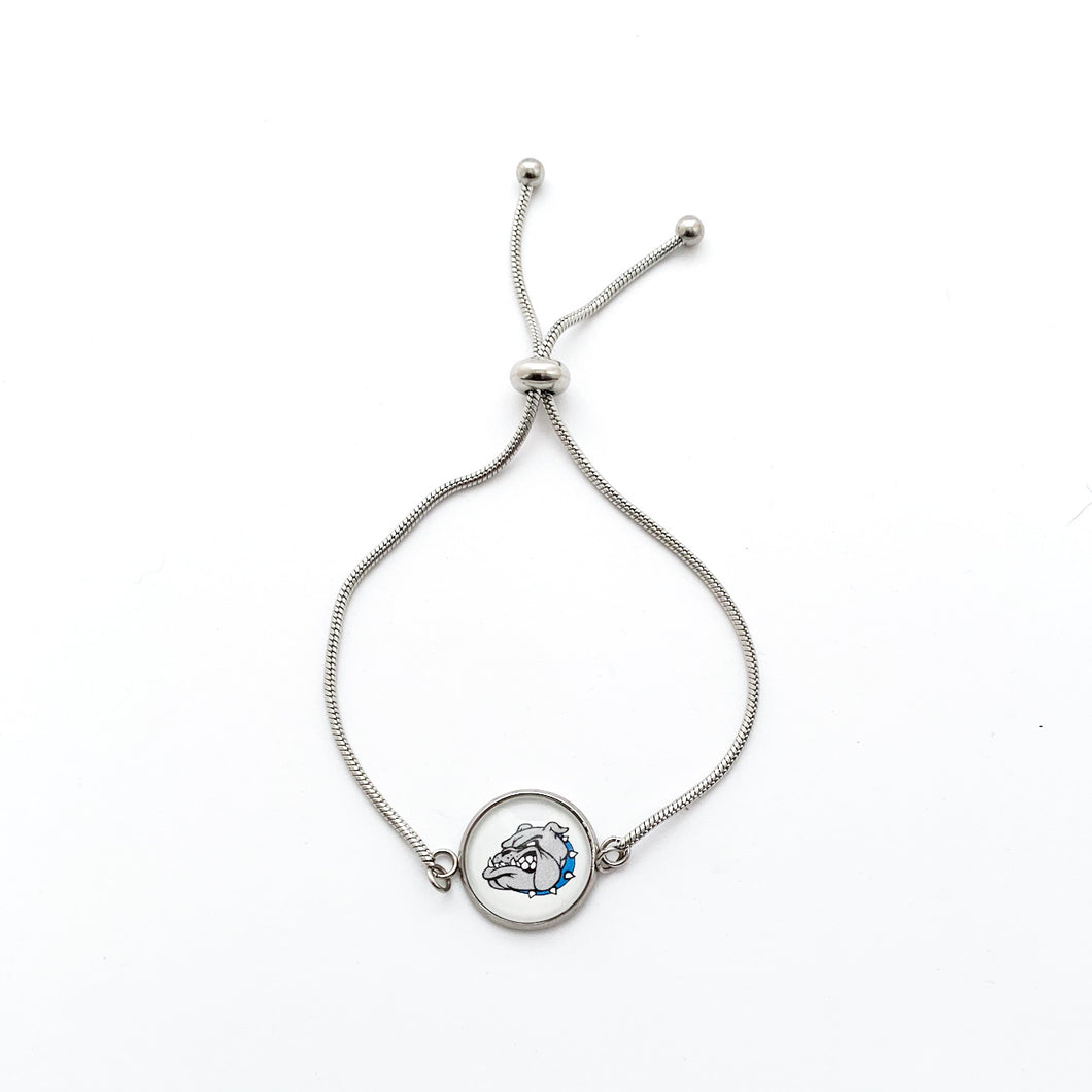 stainless steel adjustable slide bracelet with a circular Belgreen Bulldog logo charm