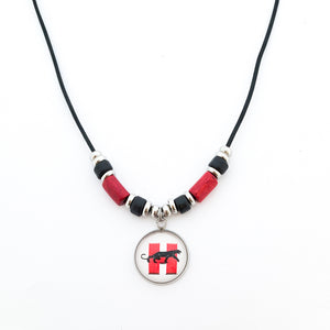 custom Hillcrest high school panthers pendant on a black leather cord with red and black greek ceramic beads