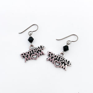 silver football mom charm earrings with black Swarovski crystal beads