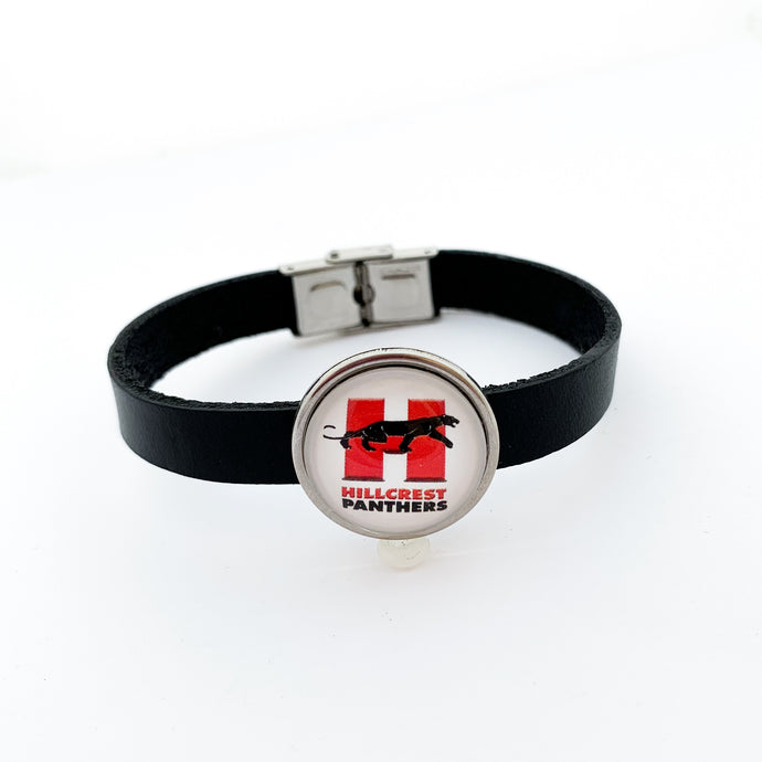 custom stainless steel hillcrest high school panthers slide charm on black leather strap bracelet