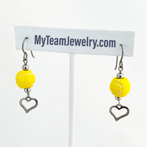 tennis ball bead earrings with stainless steel heart charms