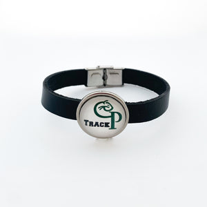 custom stainless steel Comstock high school track slide charm on black 10 mm flat leather bracelet
