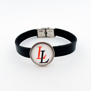 custom Lovejoy leopards slider charm on black leather cuff bracelet