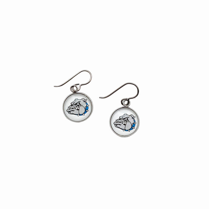 stainless steel circular charm earrings featuring the Belgreen Bulldog logo and niobium ear wires
