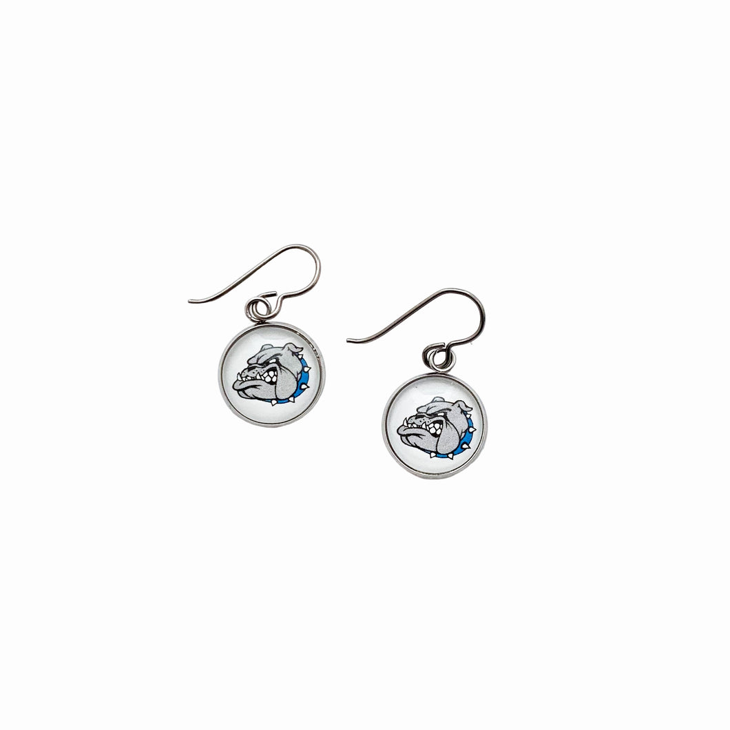 stainless steel circular charm earrings featuring the Belgreen Bulldog logo and niobium ear wires