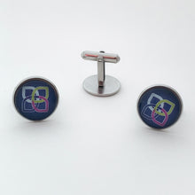 stainless steel cuff links with navy blue Sherwin Williams Women's Club logo