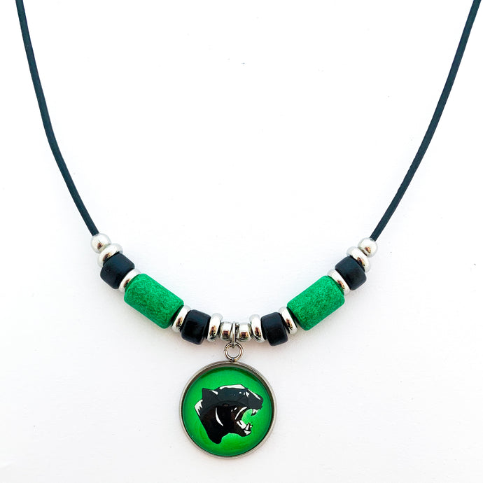 custom Comstock high school panthers pendant black leather cord necklace with green and black ceramic tube beads