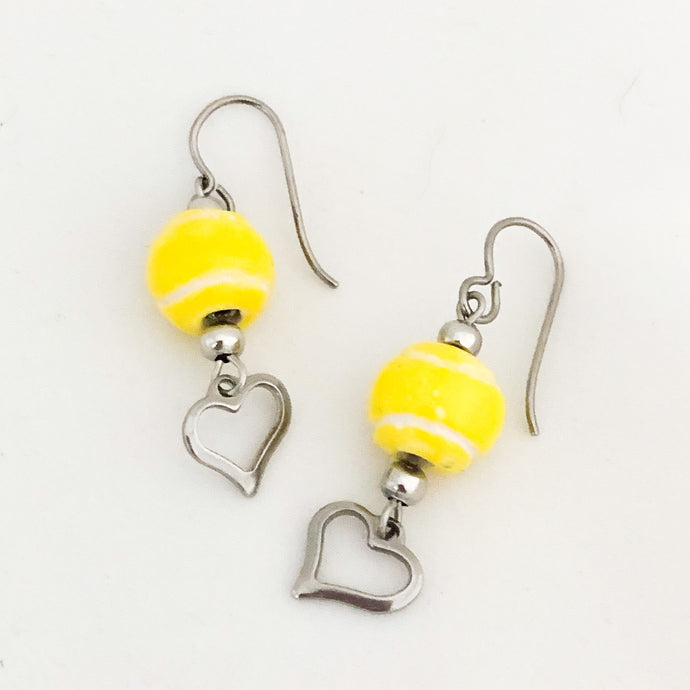 tennis ball bead earrings with stainless steel heart charms