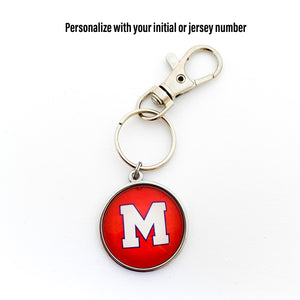 custom personalized stainless steel keychain with white initial M and red backaground