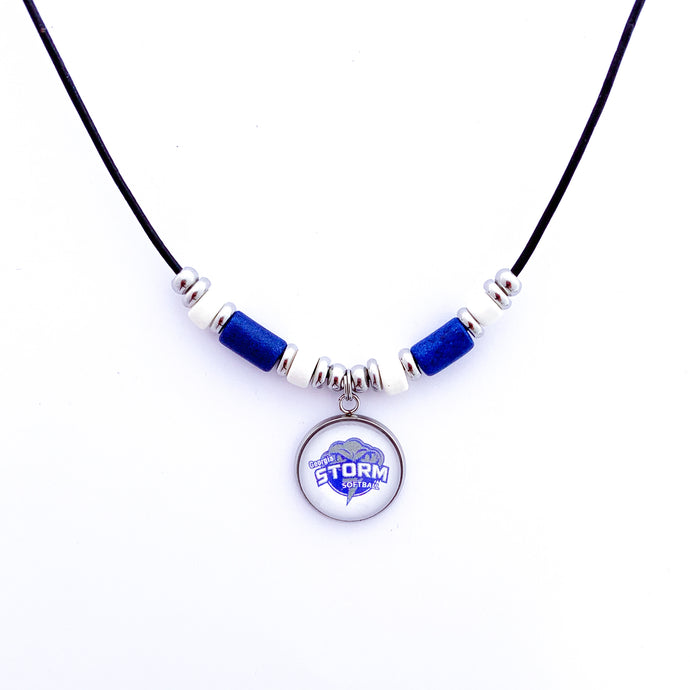 custom Georgia storm fastpitch softball leather cord necklace with blue and white beads