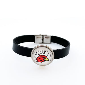 custom stainless steel Four Oaks cardinal chorus slide charm on 10 mm flat black leather strap bracelet