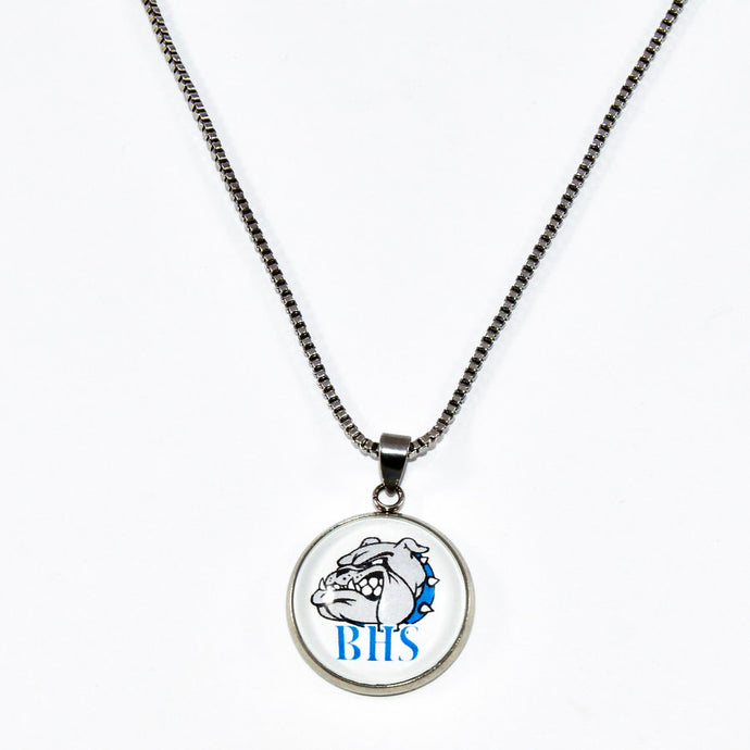 stainless steel Belgreen Bulldog pendant hanging from a steel box chain