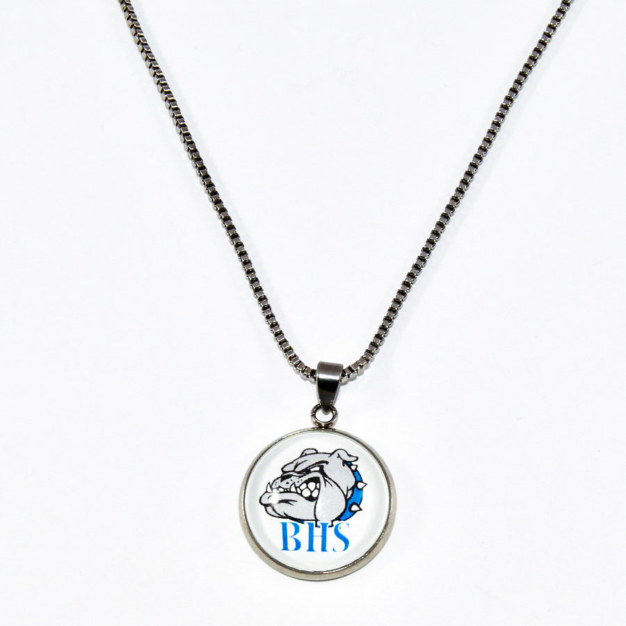 stainless steel Belgreen Bulldog pendant hanging from a steel box chain