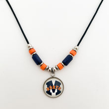 custom McKinney North high school leather cord necklace with navy and orange beads and stainless steel spacers