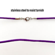 purple satin cord with stainless steel lobster clasp