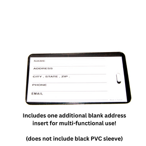 blank address card inside a black PVC luggage bag tag