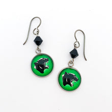 custom stainless steel Comstock high school panther charm earrings with black Swarovski crystal beads