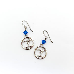 silver gymnastics charm earrings with blue Swarovski crystal bead accents