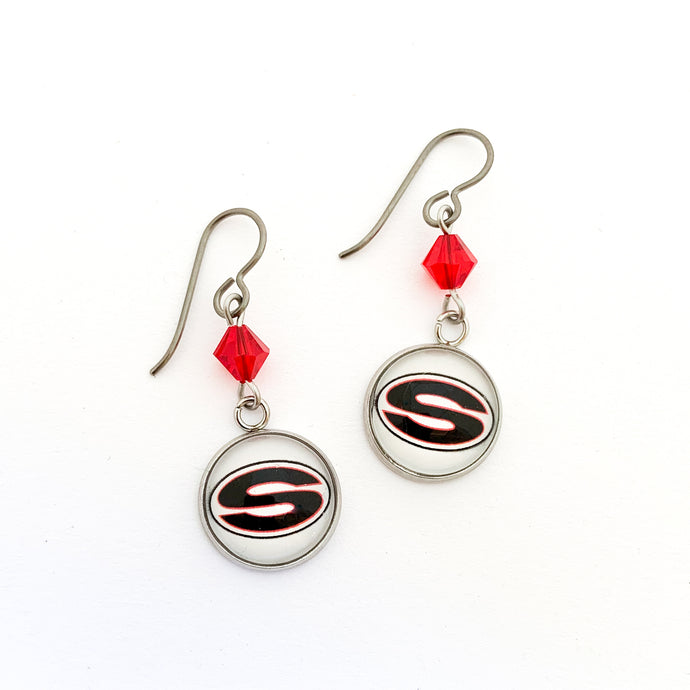 custom Sonoraville charm earrings with red swarovski crystal beads