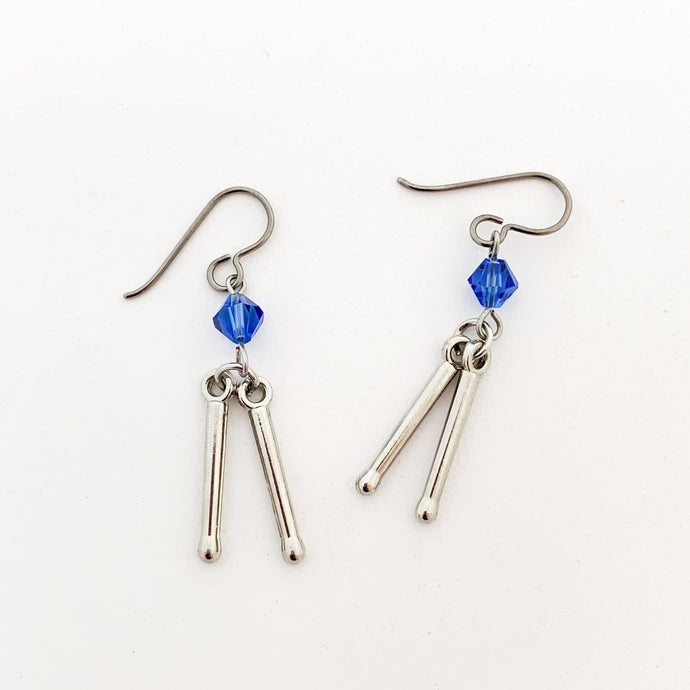 silver drumsticks charm earrings with blue sapphire Swarovski crystal beads