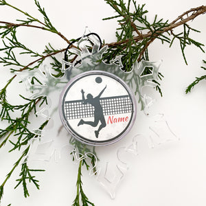 custom personalized acrylic snowflake ornament featuring a volleyball player silhouette
