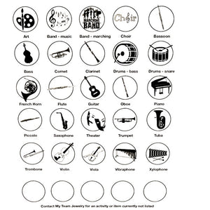 chart showing various art, music, and marching band instrument black silhouette graphic options