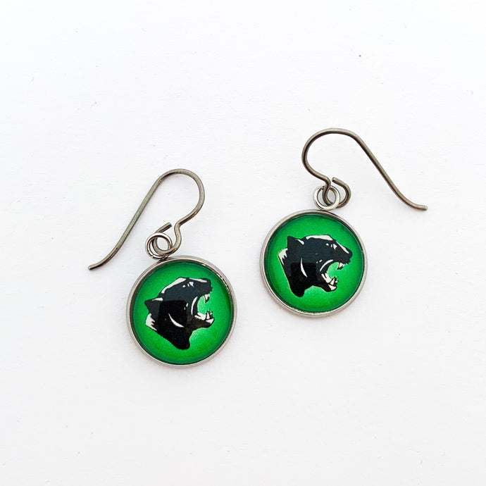 custom stainless steel Comstock high school panther charm earrings with niobium ear wires