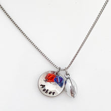 personalized metal stamped necklace with orange and blue swarovski crystal beads and silver football charm