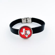 custom stainless steel Lovejoy leopards slider charm on black leather cuff bracelet