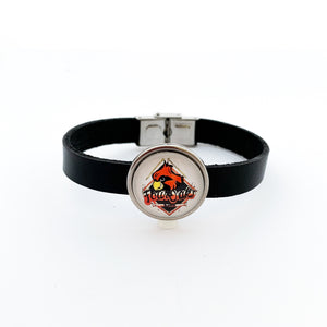 custom stainless steel Four Oaks cardinal band slide charm on 10 mm flat black leather strap bracelet