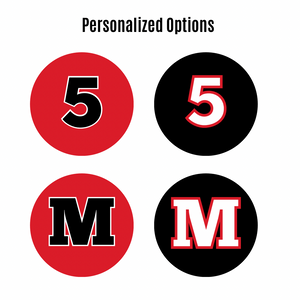 personalized numbers and initials in red and black