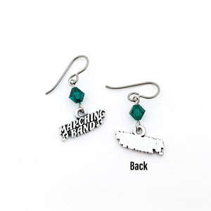 silver marching band charm earrings with emerald green Swarovski crystal bicone bead accents
