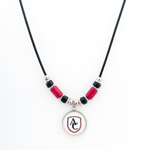custom stainless steel Archbishop Curley pendant necklace with black leather cord and ceramic greek beads in maroon and black