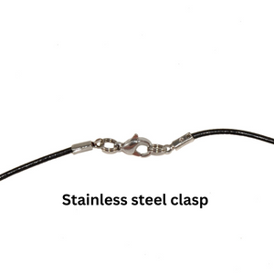 black leather cord with stainless steel lobster claw clasp