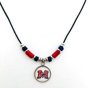 custom McKinney Boyd Broncos leather cord necklace with navy and red beads