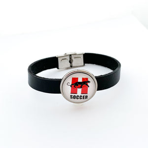 custom stainless steel Hillcrest high school soccer slide charm on black leather strap bracelet