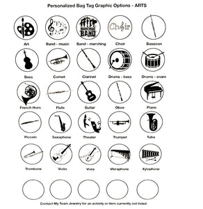 art marching band and musical instrument silhouette graphic options for personalized bag tag