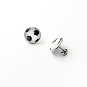 10mm stainless steel soccer stud earrings with soccer ball graphic