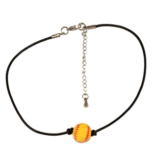 leather cord softball bead choker necklace with stainless steel extender chain