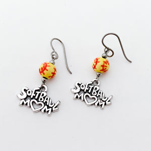 silver softball mom charm earrings with ceramic softball beads