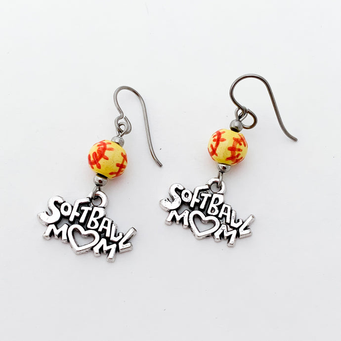 silver softball mom charm earrings with ceramic softball beads