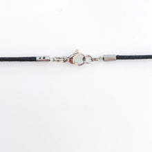 black cotton cord secured with a stainless steel lobster clasp and stainless steel findings