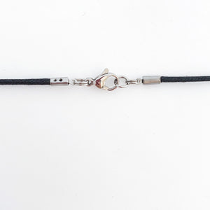 black cotton cord secured with a stainless steel lobster clasp and stainless steel findings
