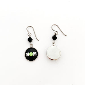 front and back view of tennis mom charm earrings with black swarovski crystal bead accents