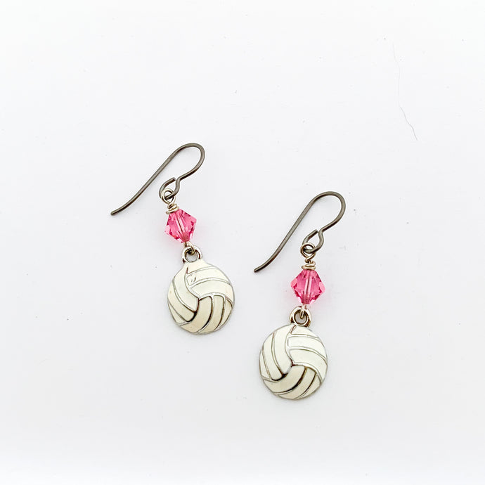 white enamel volleyball charm earrings with pink Swarovski crystal bead accents