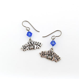 silver volleyball mom charms with sapphire blue swarovski crystal bicone beads