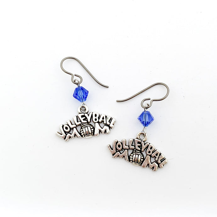 silver volleyball mom charms with sapphire blue swarovski crystal bicone beads