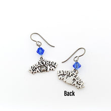 front and back view of silver volleyball mom charms with sapphire blue swarovski crystal bicone beads