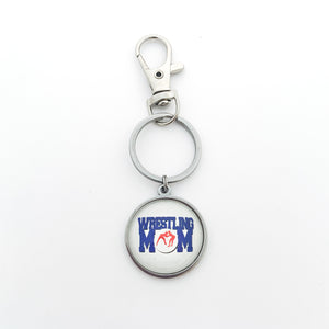 custom stainless steel keychain with blue and red wrestling mom image clip art